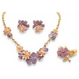 SET VINTAGE JEAN LOUIS SCHERRER COLLANA + ORECCHINI + BROCCO IN EMAIL D'oro