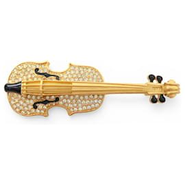 RARE VINTAGE NEUF BROCHE KARL LAGERFELD VIOLON VIOLONCELLE STRASS EMAIL BROOCH Doré