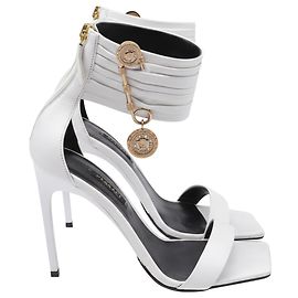 Versace Safety Pin Ankle-Cuff Sandals in White Leather White Cream