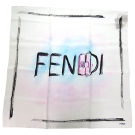 Lenço de seda com logo Baguette Mania da Fendi Preto Branco Azul