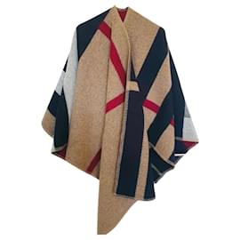 Poncho cape Burberry check wool and casher blanket Camel
