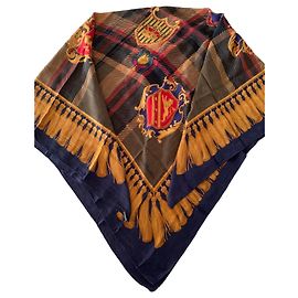 Autre Marque Silk scarf with checkered pattern and crests Brown Red Blue Golden Other