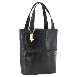 SAINT LAURENT Bolsa de mão em couro estampado Preto Ouro Auth BSZ274 Preto Dourado