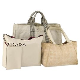Hermès HERMES PRADA Bolsa de Mão Chanel Couro Lona Nylon 3 Conjunto Bege Auth 168823 Bege