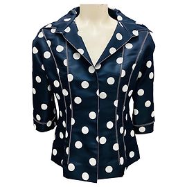 Oscar de la Renta Navy Blue / White Polka Dot Print Silk Blouse Navy blue