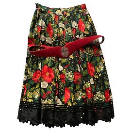 Autre Marque Langes Blumenkleid mit Gürtel Schwarz Weiß Rot Mehrfarben Grün