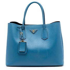 Prada Grand Sac Double en Cuir Saffiano Bleu Bleu