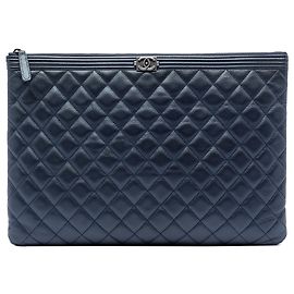 Chanel Blue Large Quilted Caviar Boy O Case Clutch Blue Navy blue