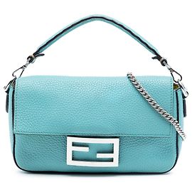 Fendi Mini Baguette de Couro Azul Azul Azul claro