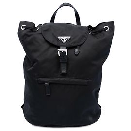 Prada Black Saffiano Trimmed Tessuto Drawstring Backpack Black