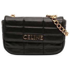 Céline Bolsa de ombro em couro de cabra matelassé preto monocromático Celine com corrente Preto
