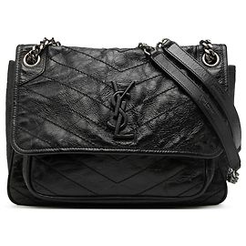 Saint Laurent Preto Médio Niki em Couro Amassado de Bezerro Preto