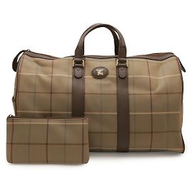 Burberry Check Canvas Leather Boston Bag Brown