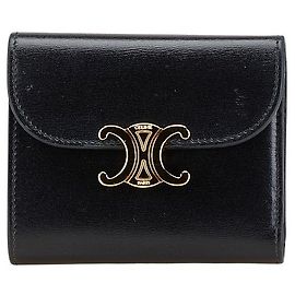Céline Cartera Trifold de Piel de Ternera Brillante Celine Triomphe Negro