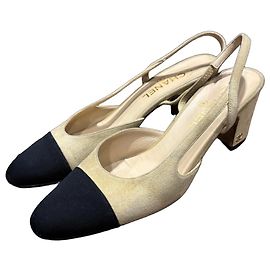 Chanel Two-Tone Slingback Heels Black Beige