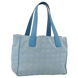 CHANEL Nouveau Sac à Main de Voyage Nylon Bleu Clair Argent CC Auth BSZ263 Argenté Bleu clair