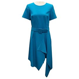 Vestido midi de lã stretch teal com mangas curtas e barra assimétrica com cinto Oscar de la Renta Azul
