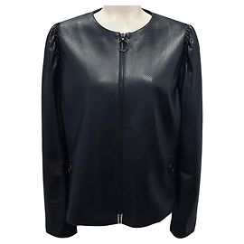 Akris Punto Black Zip Front Perforated Lambskin Leather Jacket Black