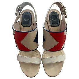 Christian Dior Sandals Ecru Red and Blue Pattern Leather Beige