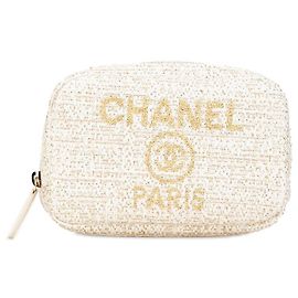 Chanel Deauville Tweed Tasche Weiß Golden