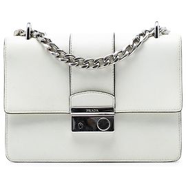Prada Pequena Bolsa Saffiano Branca com Corrente Sound Lock Branco Fora de branco