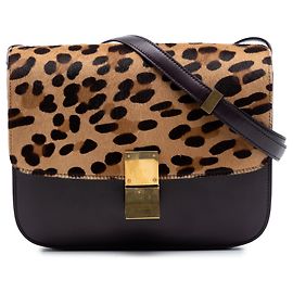 Céline Celine Marrom Médio Couro de Bezerro e Impressão de Leopardo em Cabelo de Pônei Caixa Clássica Marrom Castanho escuro