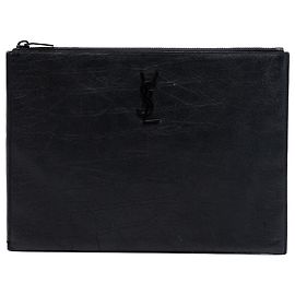 Saint Laurent Black Croc Embossed Leather Monogram Clutch Black