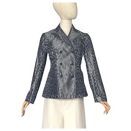 Christian Dior Leopard Print Silk Double-Breasted Blazer Grey Leopard print