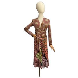 Autre Marque Vestido de seda ISSA London Marrom Rosa Multicor Verde Laranja Amarelo