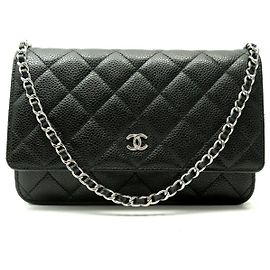 CHANEL WALLET ON CHAIN CAVIAR LEATHER BLACK SHOULDER BAG WOC HANDBAG Black