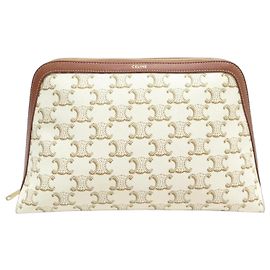 Céline POCHETTE COSMETICA CELINE GM CANVAS TRIOMPHE CREMA E CUOIO TAN Crudo