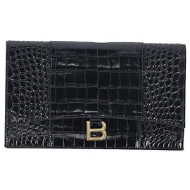 Clutch plano Balenciaga Hourglass em couro de bezerro preto com estampado de crocodilo Preto