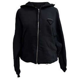 Moletom cropped com capuz e zíper Prada em algodão preto Preto