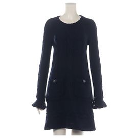 Vestido de lã e caxemira azul com trançado Chanel FR34 Azul marinho