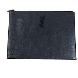 Saint Laurent Crocodile Embossed Leather Cassandra Clutch Bag Black