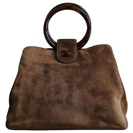 Vintage Chanel Tortoise shell CC Turnlock top handle brown suede bag Brown