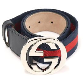 Gucci Navy Leather WEB Interlocking Buckle Women's Belt Blue