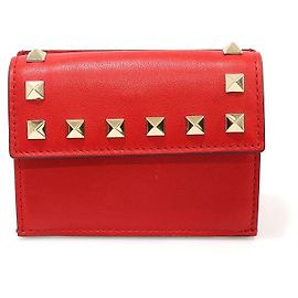 Valentino Red Calfskin Rockstud Flap Card Holder Red