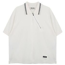 Miu Miu Polo de Piquet de Algodão com Zíper Branco