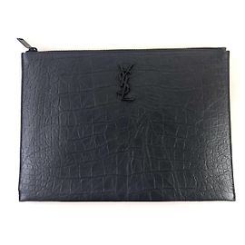 Saint Laurent Crocodile Embossed Cassandra Zipper Tablet Case Clutch Bag Black