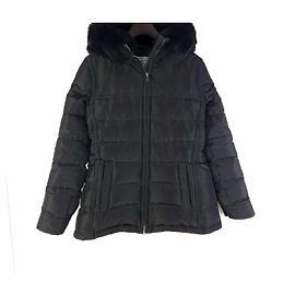Prada Jaqueta acolchoada com capuz de pele e logo triangular em nylon Preto