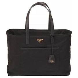 Prada Large Nylon and Saffiano Leather Tote Bag Black