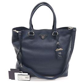 Prada Navy Vitello Daino Silver Hardware Triangle Tote Blue
