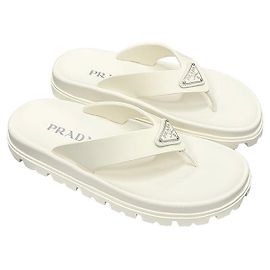 Prada Triangle Logo Rubber Slide Sandals Ivory White