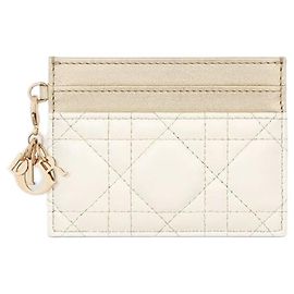 Dior Freesia Card Holder Two Tone Gold White Cannage Lambskin, Metallic Thread Black