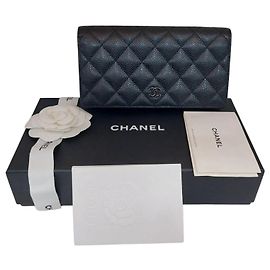 Chanel Série de Carteiras Longas em Caviar Preto Clássico Preto