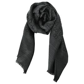 Gucci Sciarpa bicolore in lana e seta jacquard GG carbone Marrone