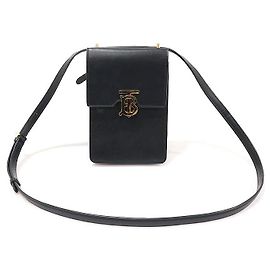 Burberry Bolsa de Ombro TB Robin Mini em Couro de Bezerro Liso Preto Preto