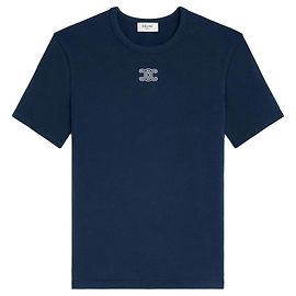 Céline Camiseta Trionf em malha de algodão canelado azul marinho e off white Azul