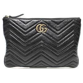 Gucci Black Matelassé Chevron GG Marmont Pouch Clutch Black